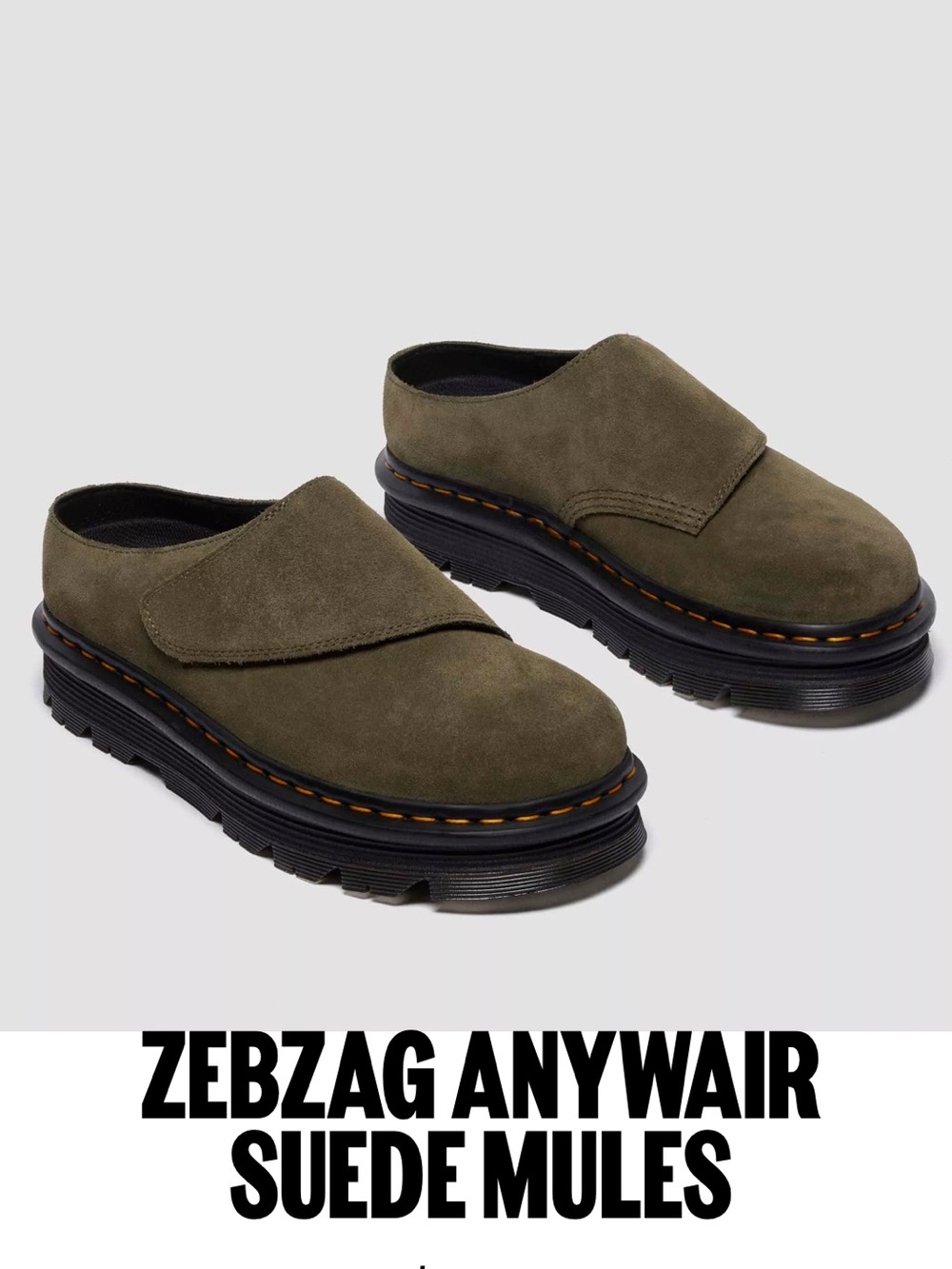 Dr. Martens Zebzag Suede Mules – DMS Olive (Velcro Strap)